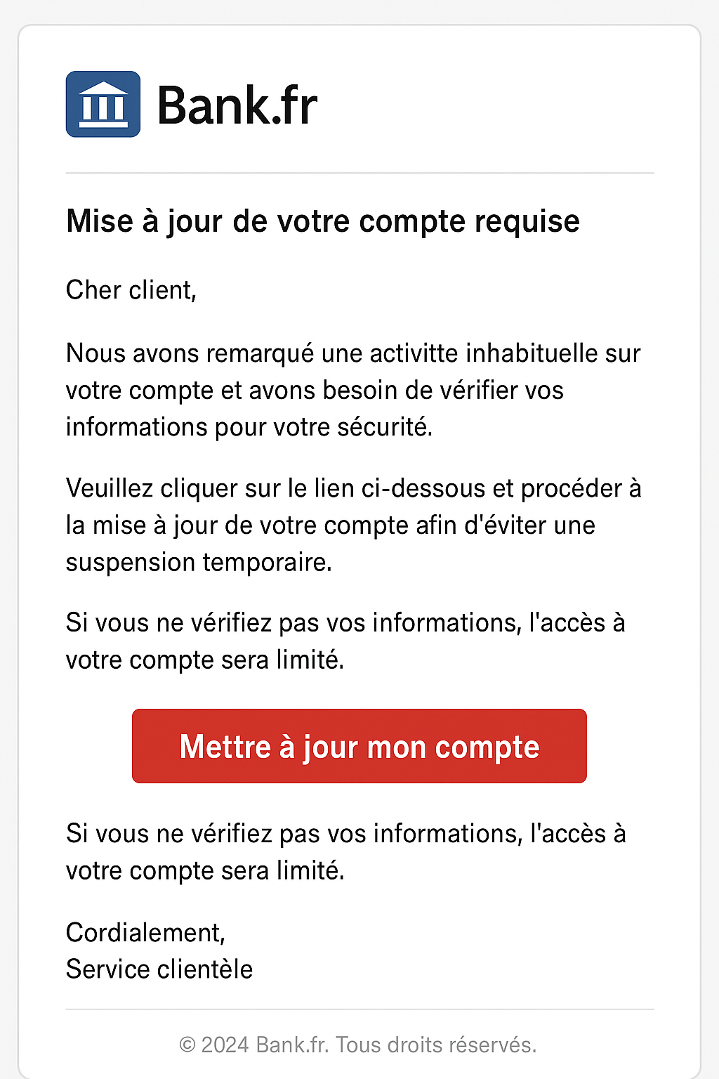 Faux email de banque